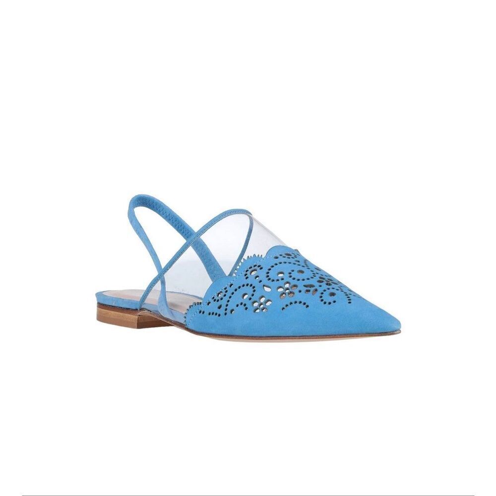 NWT Ermanno Scervino Blue Suede Laser Cut PVC Slingback Flats Pointed Toe EU 37